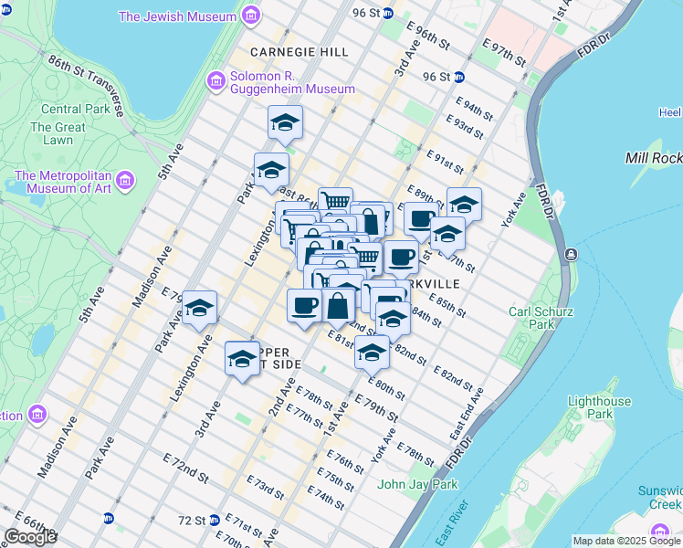 map of restaurants, bars, coffee shops, grocery stores, and more near in New York