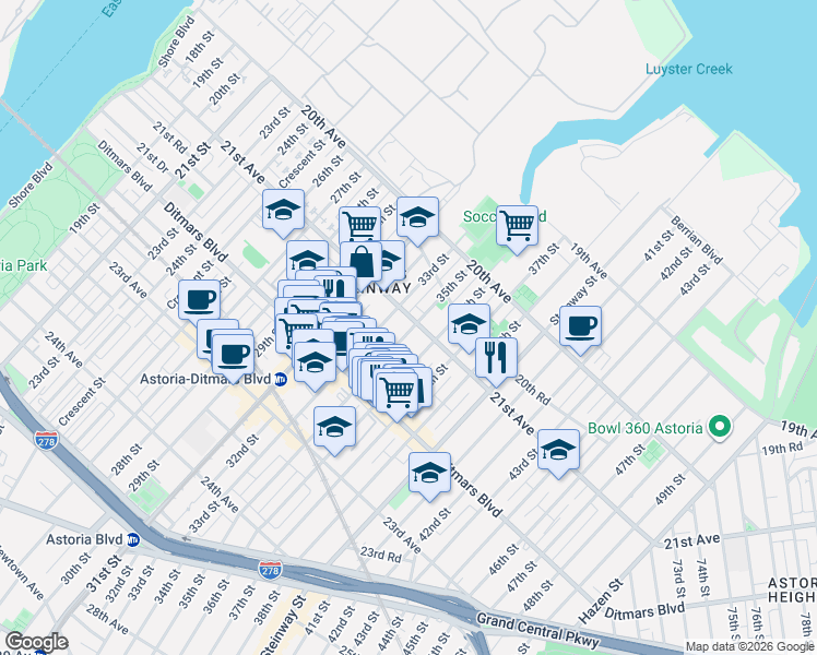 map of restaurants, bars, coffee shops, grocery stores, and more near 21-12 36th Street in Queens