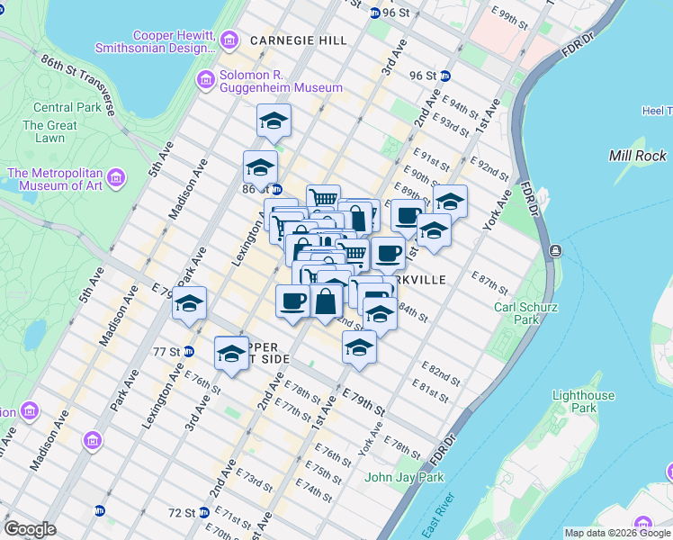 map of restaurants, bars, coffee shops, grocery stores, and more near 2nd Ave & E 84th St in New York