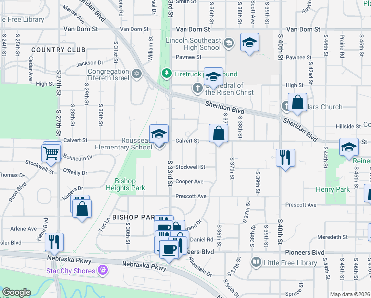 map of restaurants, bars, coffee shops, grocery stores, and more near 3701 South 34th Street in Lincoln