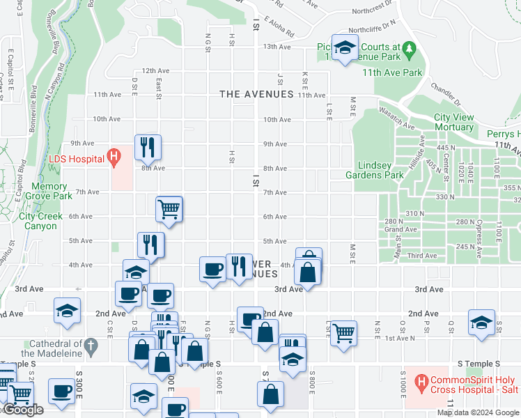 map of restaurants, bars, coffee shops, grocery stores, and more near 316 I Street in Salt Lake City