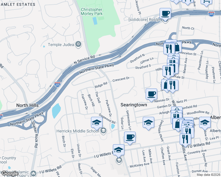 map of restaurants, bars, coffee shops, grocery stores, and more near 91 Searingtown Road in Albertson
