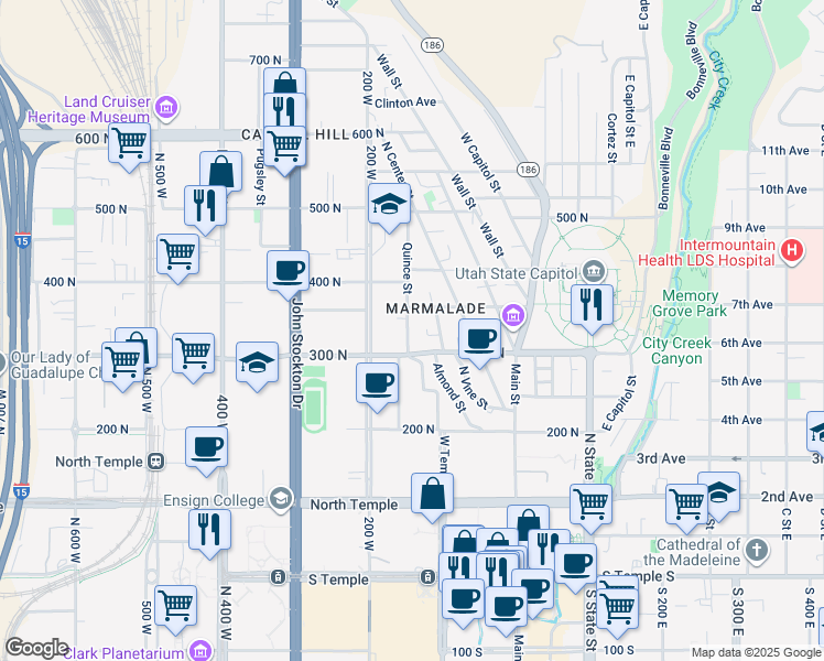 map of restaurants, bars, coffee shops, grocery stores, and more near 326 Quince Street in Salt Lake City