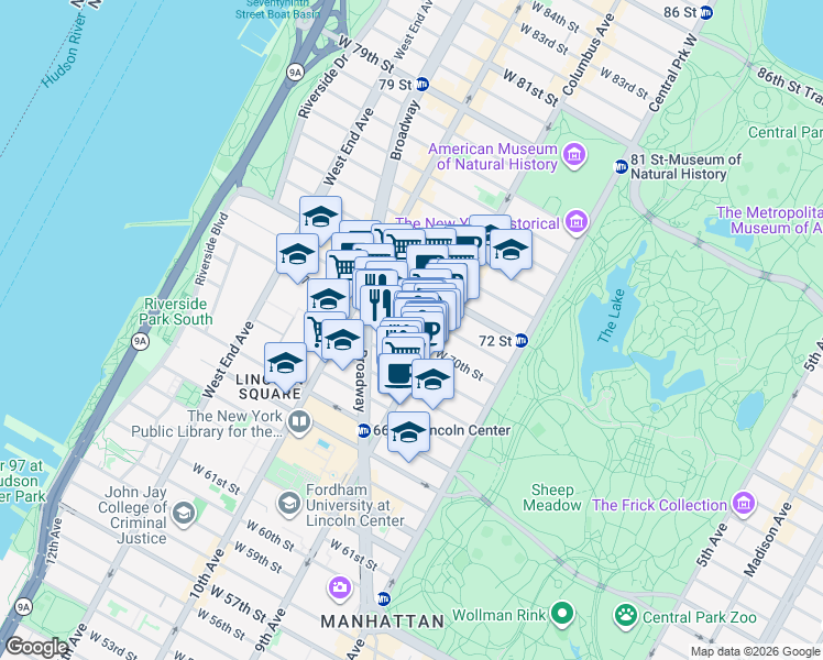 map of restaurants, bars, coffee shops, grocery stores, and more near 115 West 70th Street in New York