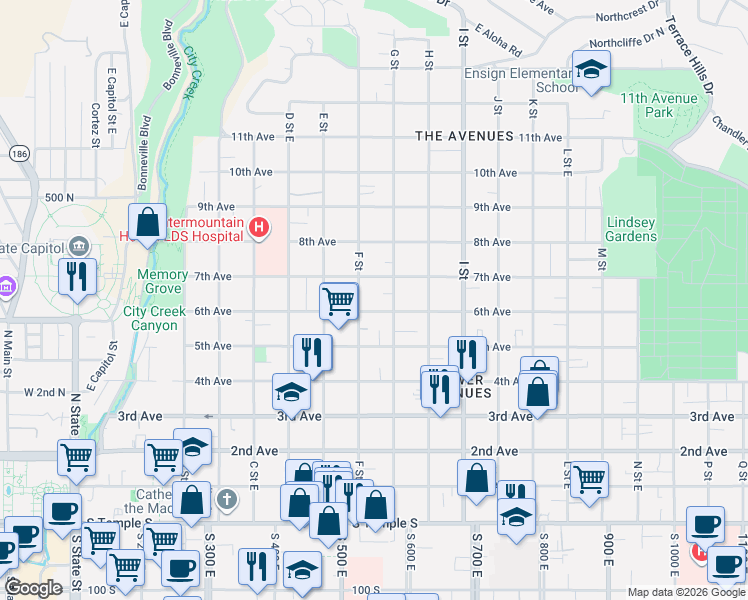 map of restaurants, bars, coffee shops, grocery stores, and more near 284 F Street East in Salt Lake City