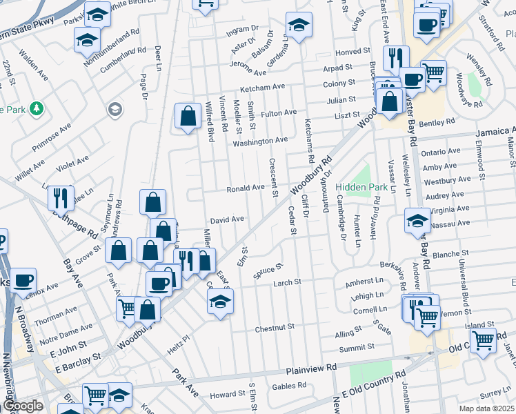 map of restaurants, bars, coffee shops, grocery stores, and more near 2 Smith Street in Hicksville