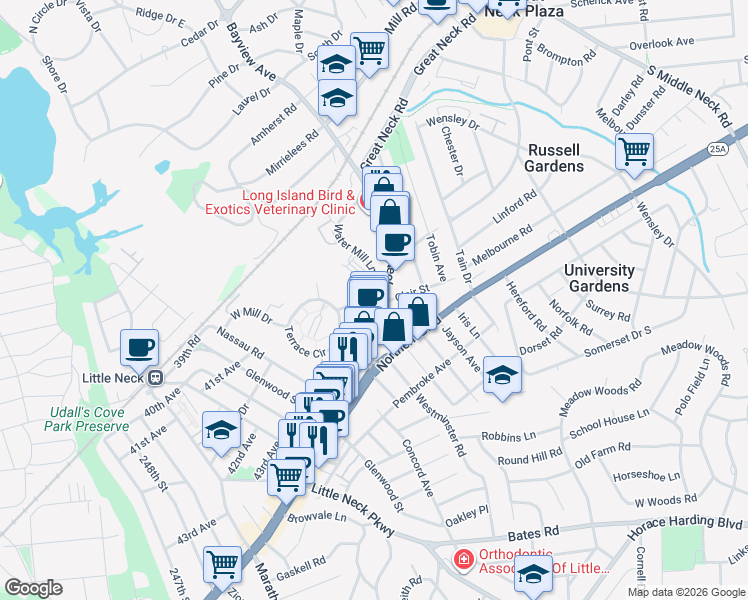 map of restaurants, bars, coffee shops, grocery stores, and more near 473 Great Neck Road in University Gardens