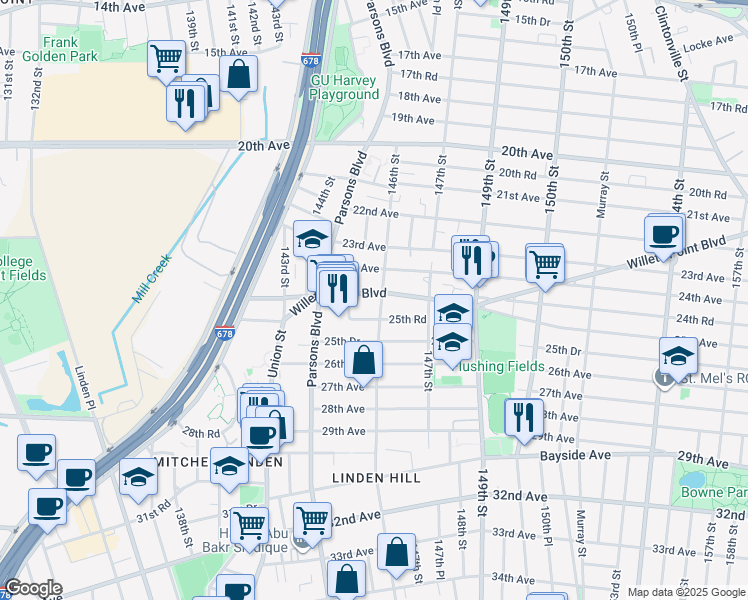 map of restaurants, bars, coffee shops, grocery stores, and more near 144-47 25th Road in Queens