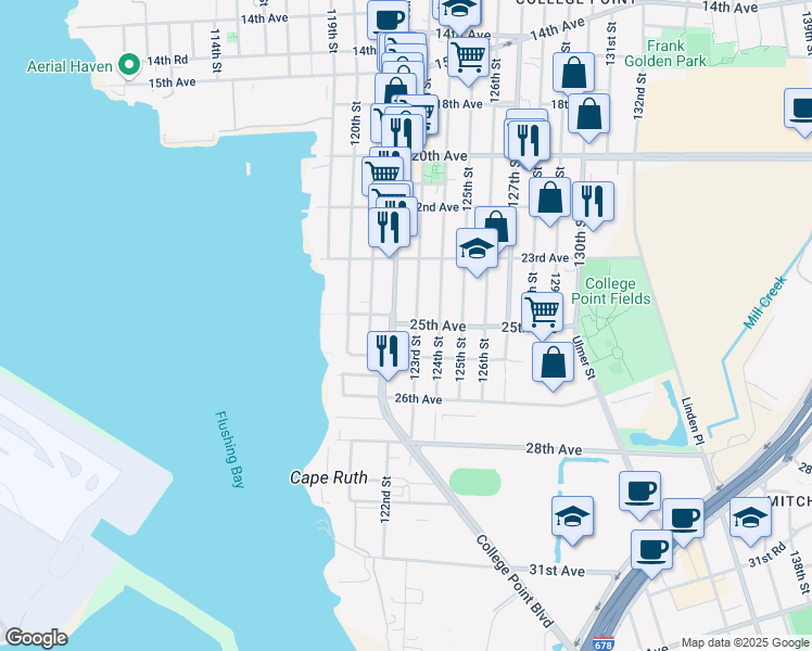 map of restaurants, bars, coffee shops, grocery stores, and more near 25-21 123rd Street in Queens