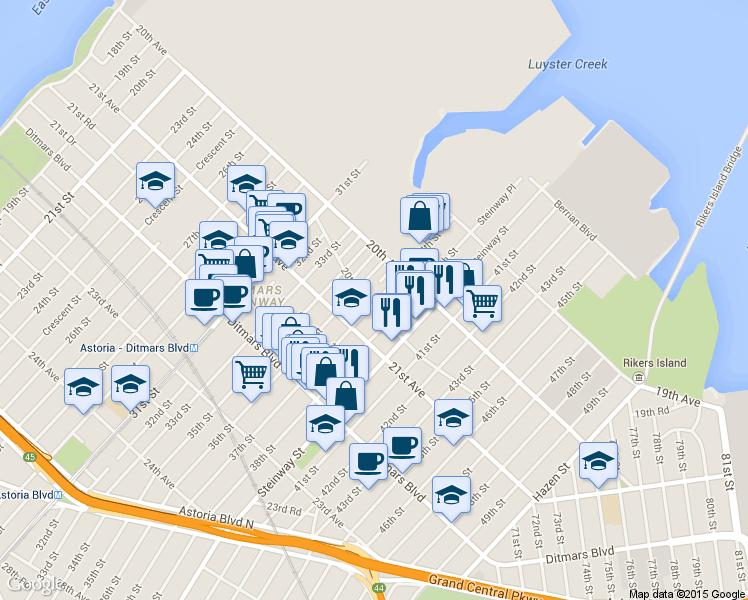 map of restaurants, bars, coffee shops, grocery stores, and more near 20-70 37th Street in Queens
