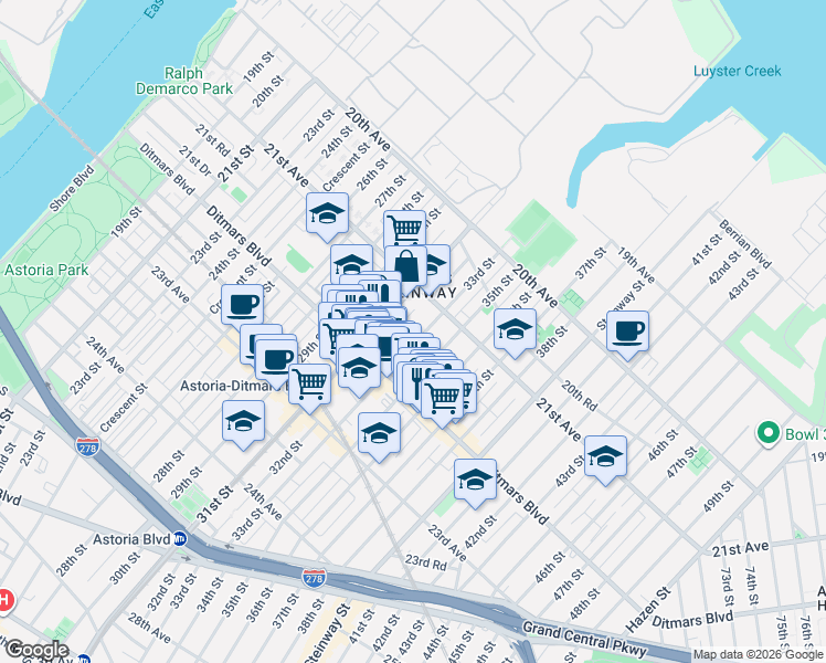 map of restaurants, bars, coffee shops, grocery stores, and more near 21-38 35th Street in Queens
