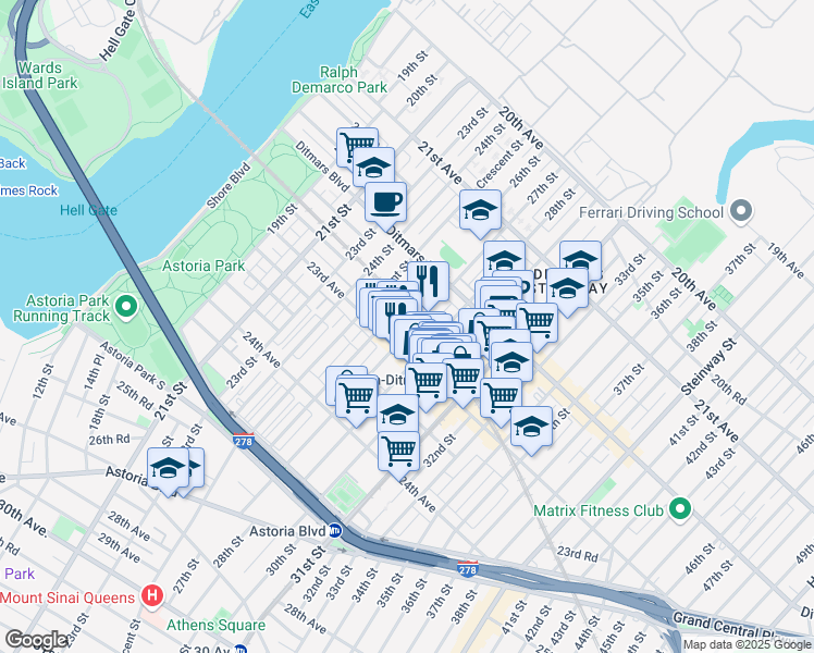 map of restaurants, bars, coffee shops, grocery stores, and more near 2620 23rd Avenue in Queens