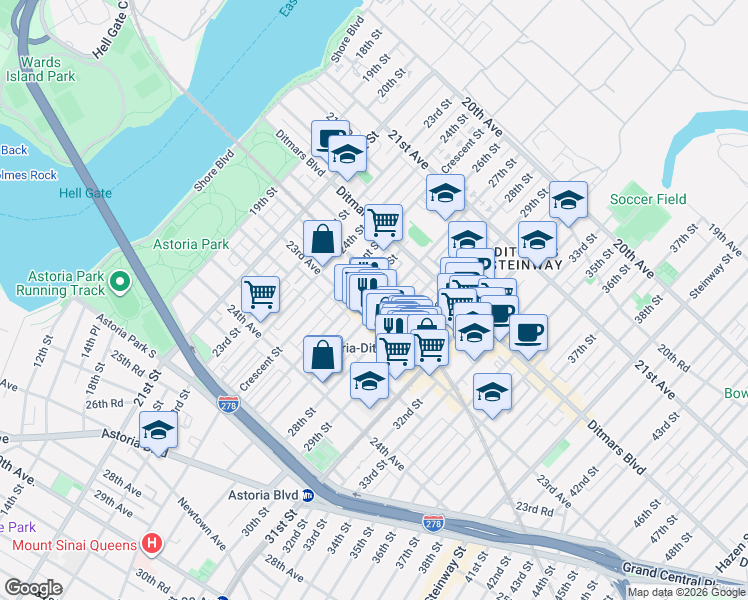 map of restaurants, bars, coffee shops, grocery stores, and more near 2620 23rd Avenue in Queens