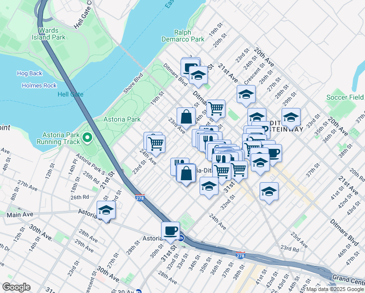 map of restaurants, bars, coffee shops, grocery stores, and more near 23-32 26th Street in Queens