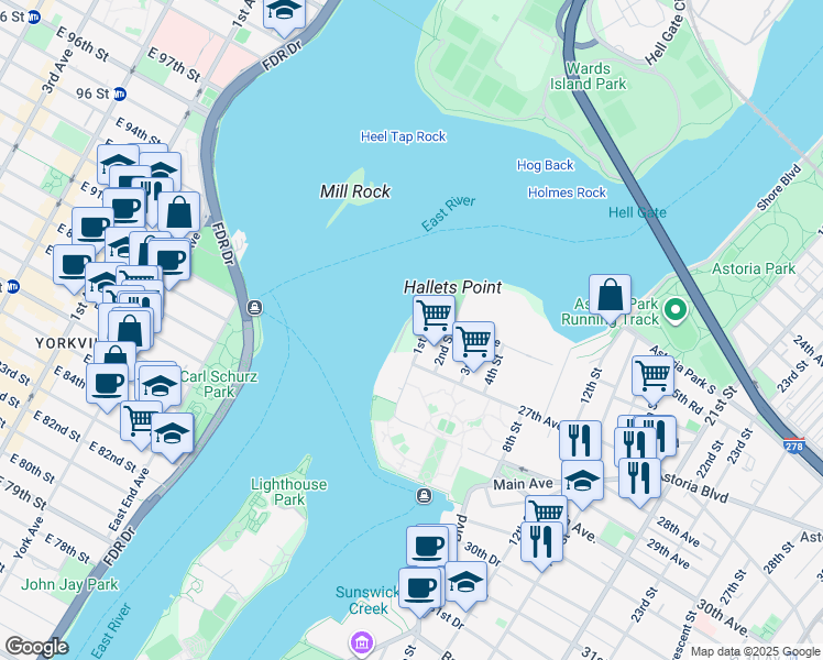 map of restaurants, bars, coffee shops, grocery stores, and more near 26-40 1st Street in Queens
