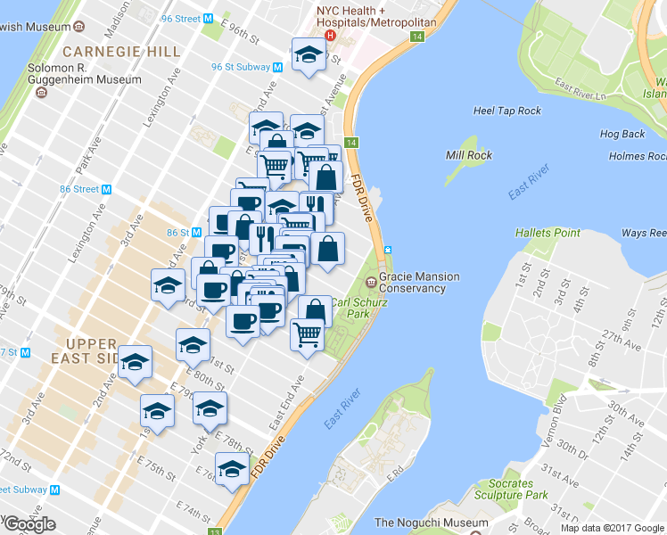 map of restaurants, bars, coffee shops, grocery stores, and more near 528 East 87th Street in New York