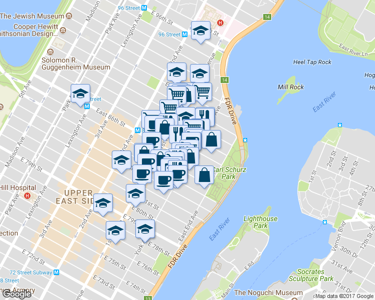 map of restaurants, bars, coffee shops, grocery stores, and more near in New York