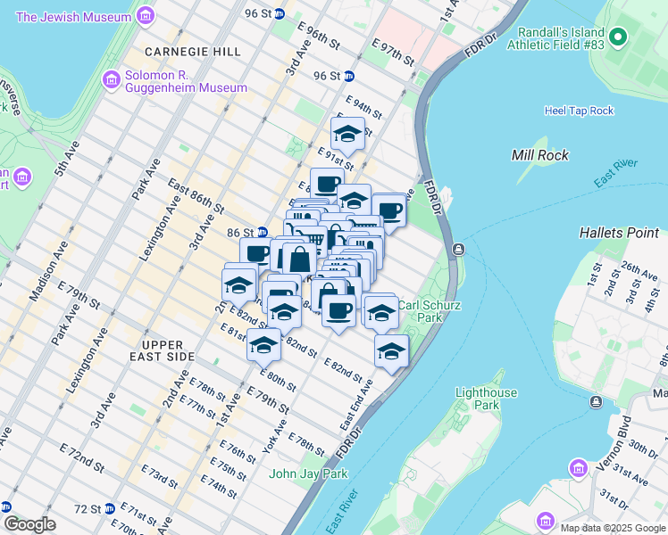 map of restaurants, bars, coffee shops, grocery stores, and more near 425 East 85th Street in New York