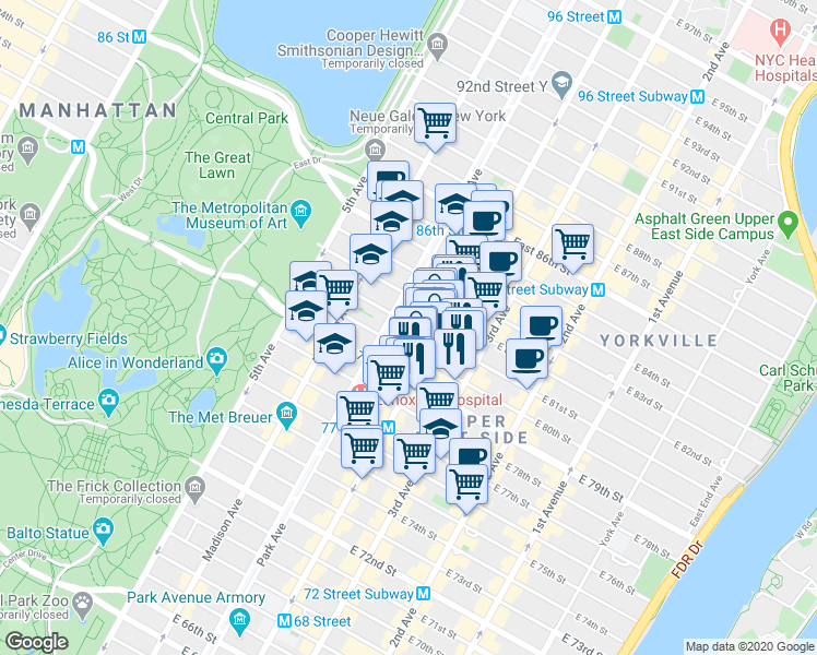 map of restaurants, bars, coffee shops, grocery stores, and more near in New York