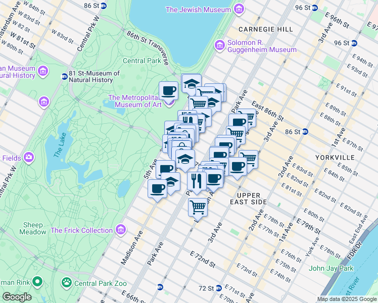 map of restaurants, bars, coffee shops, grocery stores, and more near 1045 Madison Avenue in New York