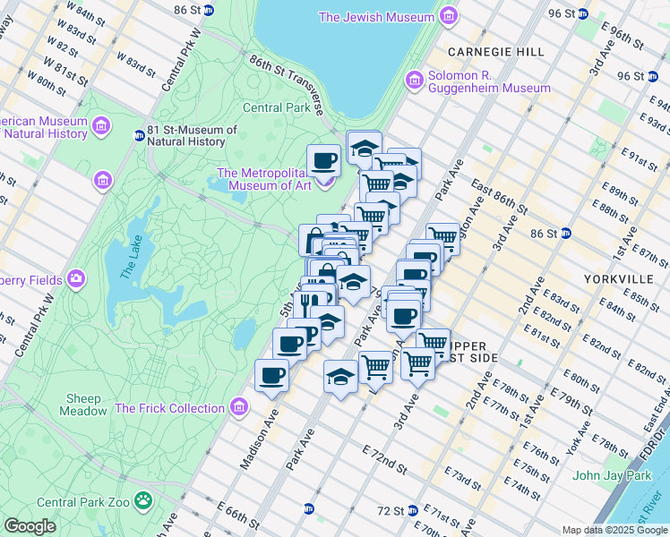 map of restaurants, bars, coffee shops, grocery stores, and more near 5A East 78th Street in New York