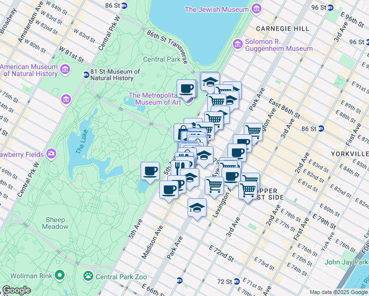 map of restaurants, bars, coffee shops, grocery stores, and more near 5A East 78th Street in New York