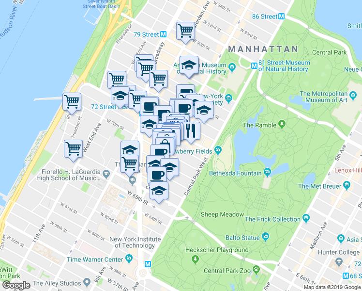 map of restaurants, bars, coffee shops, grocery stores, and more near 46 West 71st Street in New York