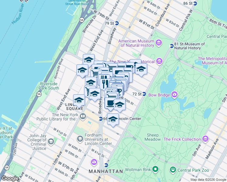 map of restaurants, bars, coffee shops, grocery stores, and more near 210 Columbus Avenue in New York