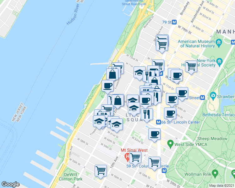 map of restaurants, bars, coffee shops, grocery stores, and more near in New York