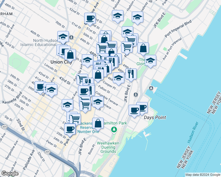 map of restaurants, bars, coffee shops, grocery stores, and more near 28 Fulton Street in Weehawken