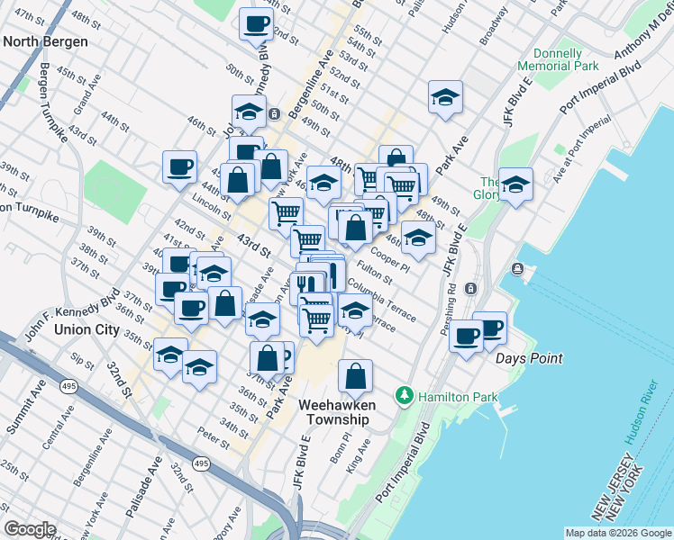 map of restaurants, bars, coffee shops, grocery stores, and more near in Union City