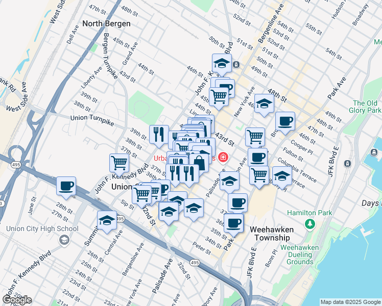 map of restaurants, bars, coffee shops, grocery stores, and more near 4005 Bergenline Avenue in Union City