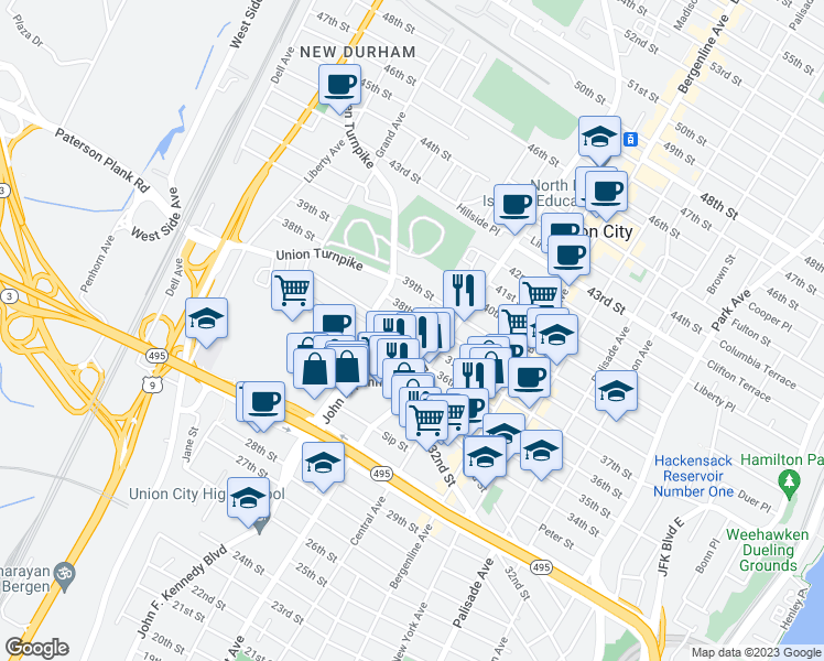 map of restaurants, bars, coffee shops, grocery stores, and more near 616 36th Street in Union City