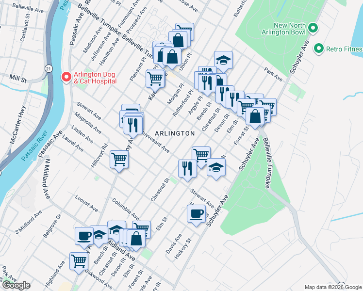 map of restaurants, bars, coffee shops, grocery stores, and more near 743 Chestnut Street in Kearny