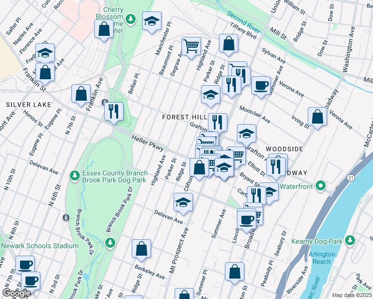 map of restaurants, bars, coffee shops, grocery stores, and more near 70-72 Heller Parkway in Newark