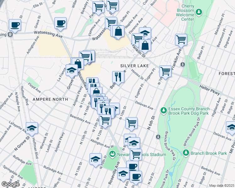 map of restaurants, bars, coffee shops, grocery stores, and more near 9 Lawrence Street in Belleville