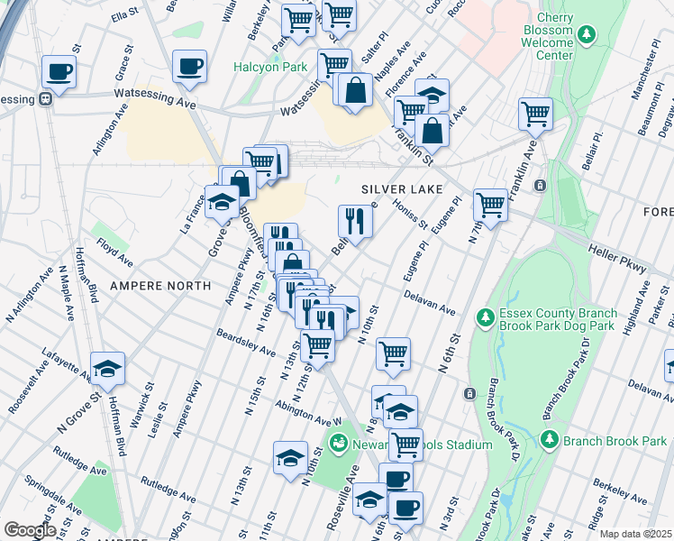 map of restaurants, bars, coffee shops, grocery stores, and more near 9 Lawrence Street in Belleville