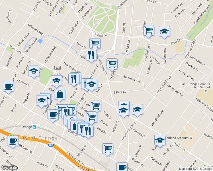 map of restaurants, bars, coffee shops, grocery stores, and more near 76 East Park Street in East Orange