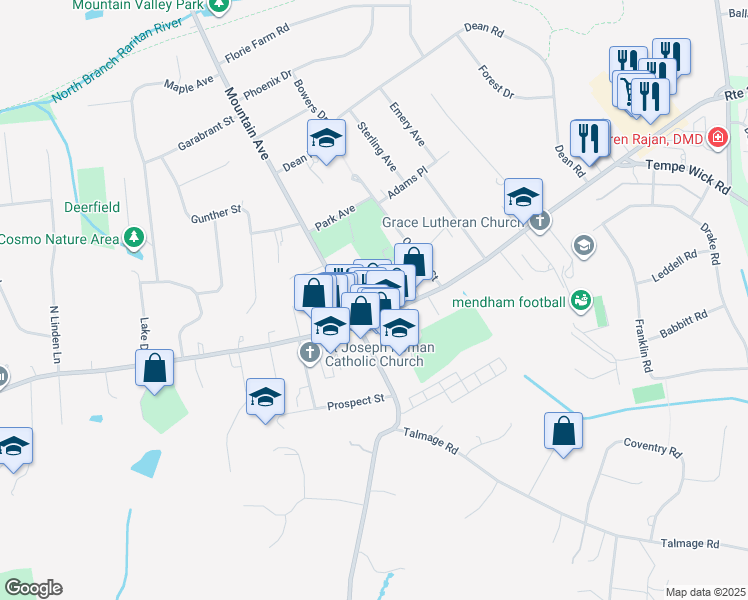 map of restaurants, bars, coffee shops, grocery stores, and more near in Mendham