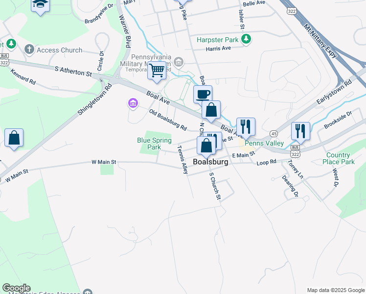 map of restaurants, bars, coffee shops, grocery stores, and more near Rockeys Alley in Boalsburg