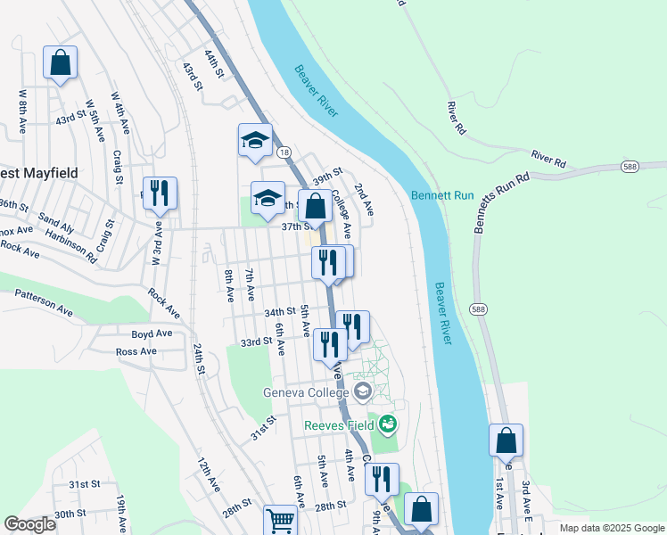 map of restaurants, bars, coffee shops, grocery stores, and more near 3422 4th Avenue in Beaver Falls