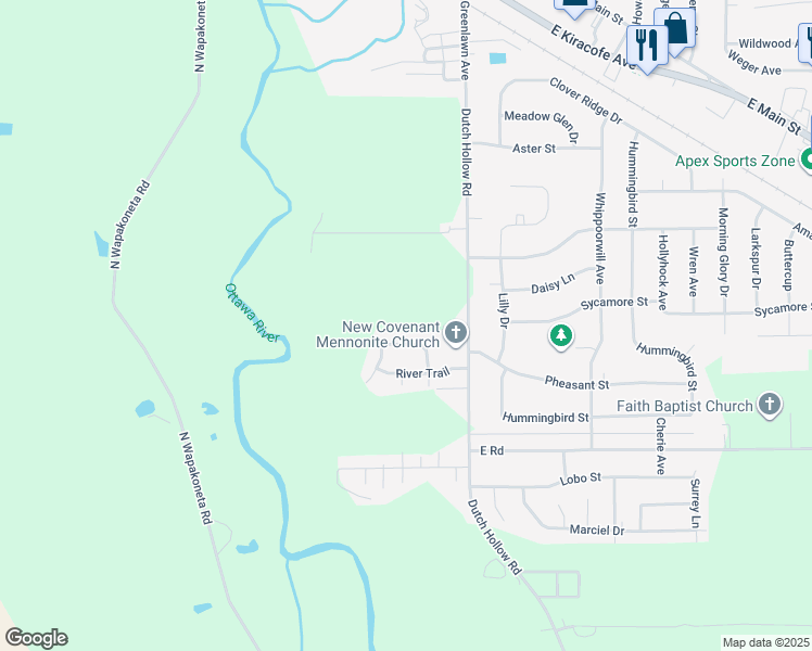 map of restaurants, bars, coffee shops, grocery stores, and more near 5414 River Ridge Street in Elida