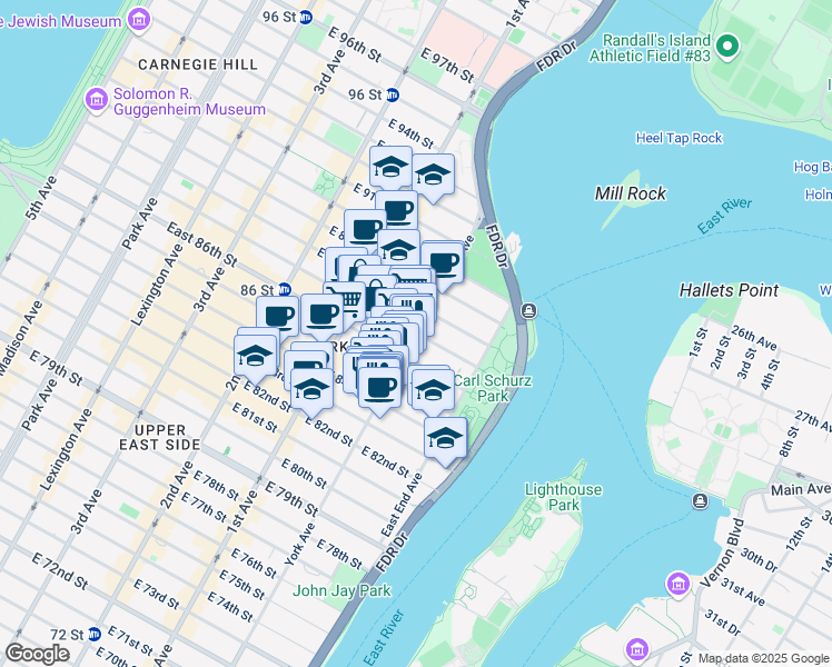 map of restaurants, bars, coffee shops, grocery stores, and more near York Ave & E 87th St in New York