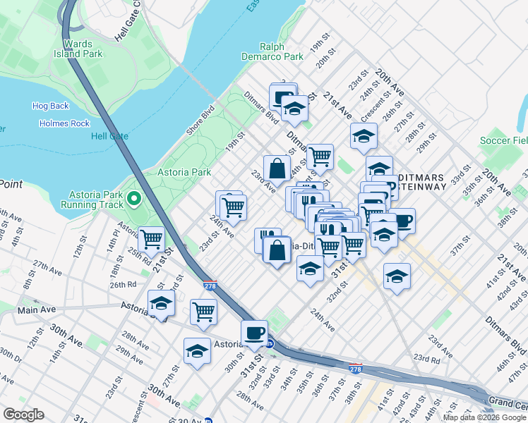 map of restaurants, bars, coffee shops, grocery stores, and more near 23-57 24th Street in Queens