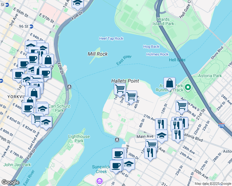 map of restaurants, bars, coffee shops, grocery stores, and more near 26-40 1st Street in Queens