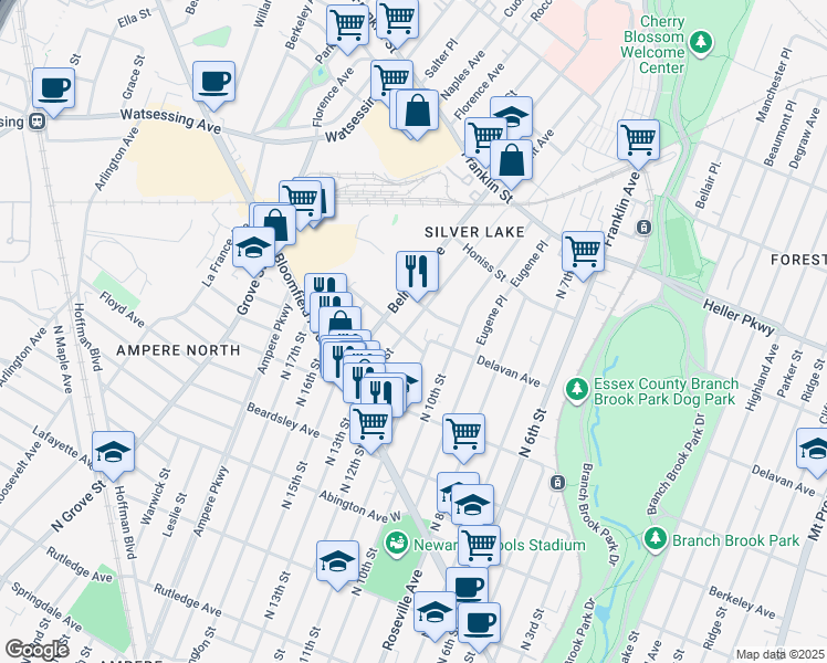 map of restaurants, bars, coffee shops, grocery stores, and more near 9 Lawrence Street in Belleville