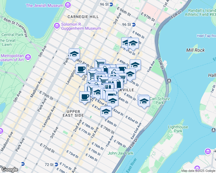 map of restaurants, bars, coffee shops, grocery stores, and more near 322 East 85th Street in New York