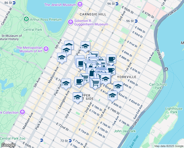 map of restaurants, bars, coffee shops, grocery stores, and more near 1467 3rd Avenue in New York