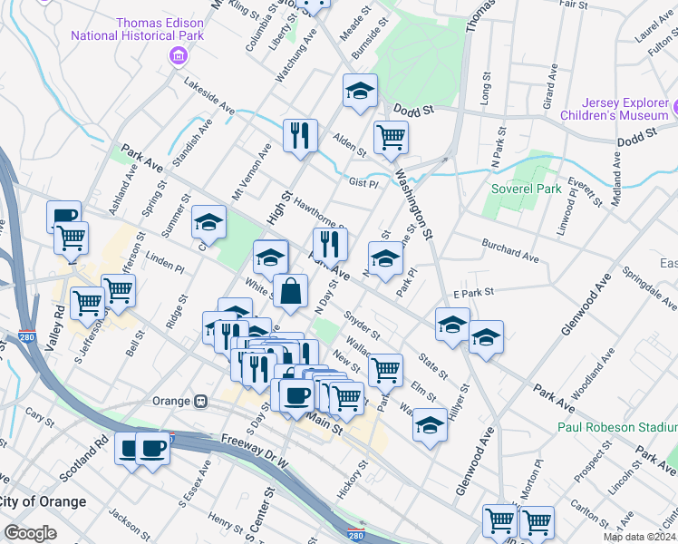 map of restaurants, bars, coffee shops, grocery stores, and more near Park Ave & N Day St in City of Orange