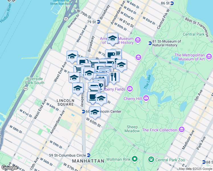 map of restaurants, bars, coffee shops, grocery stores, and more near 67 West 71st Street in New York